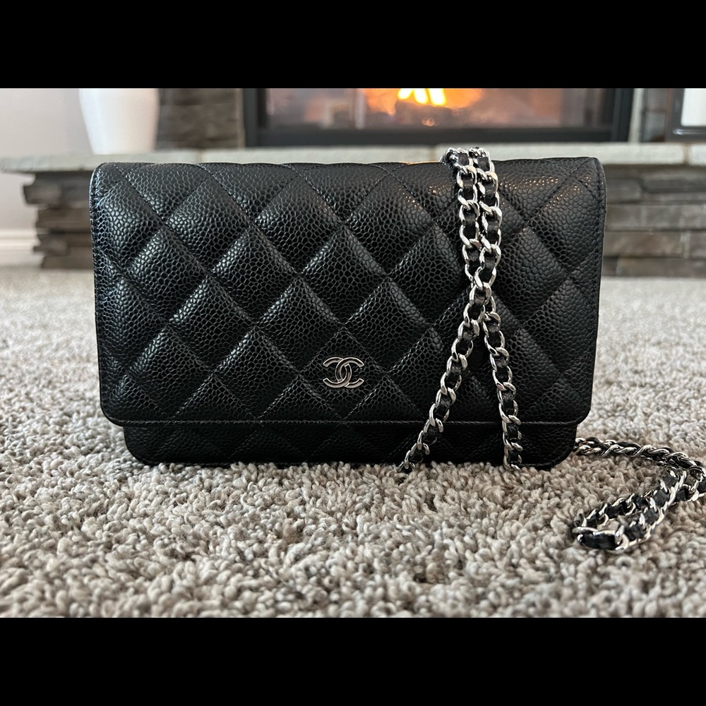 2021 Chanel black caviar woc wallet on chain with silver hardware